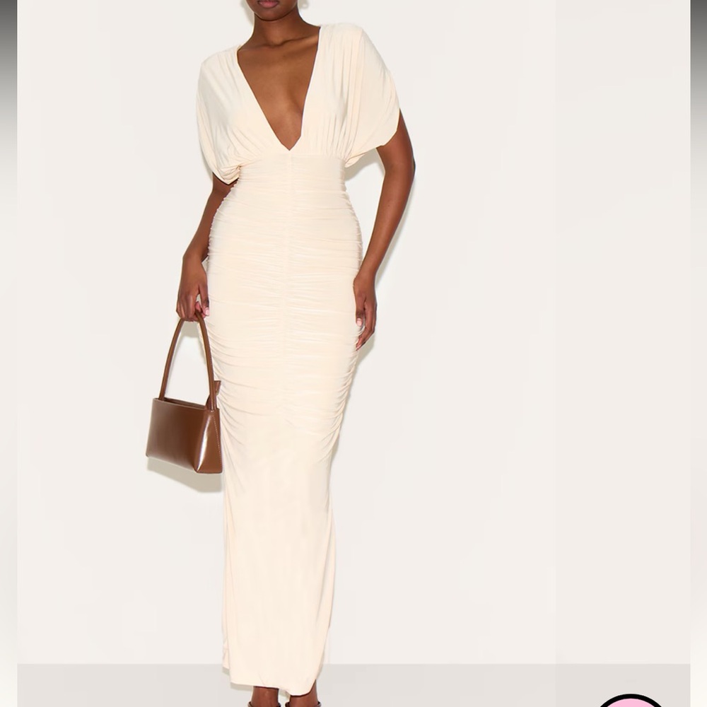 BUTTER YELLOW DOUBLE LAYER SLINKY RUCHED BATWING MAXI DRESS